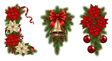 Festive christmas decorations with poinsettias pine branches and ornaments on white