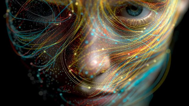 A woman's face is shown in a colorful, abstract style. AI neural network interpreting human emotion data, glowing abstract face overlay with colorful sentiment mapping, sentiment analysis ai