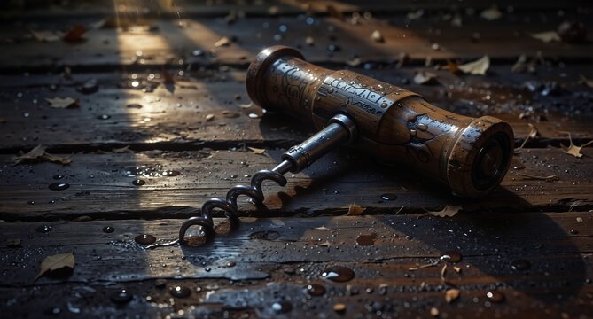 vintage corkscrew lying on a wet wooden surface with autumn leaves and raindrops, moody still life.