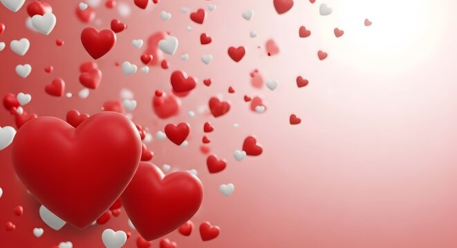 Romantic red and white hearts floating on a gradient background