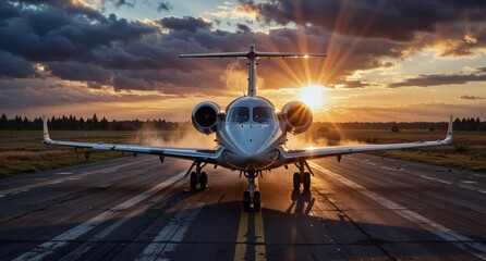 private jet on runway at golden hour with dramatic sky and sunburst effect.