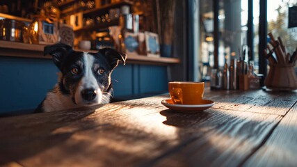 Close-up of a cozy café corner with a dog resting beside a coffee cup on wooden table, warm lighting, modern pet-friendly interior, pet friendly cafe design