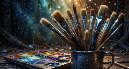 artistic paint brushes in a vintage mug with a colorful watercolor palette on a rustic wooden table.