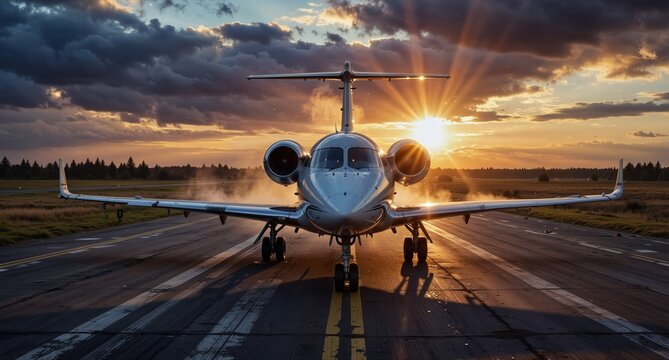 private jet on runway at golden hour with dramatic sky and sunburst effect.