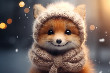 Obraz premium illustration cute little fox wearing hat and scarf smiling. image has warm and cozy feeling, as if fox is enjoying winter season