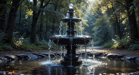 ornate vintage fountain in a lush park with sunbeams filtering through trees.