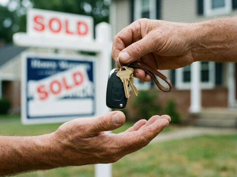 Closeup of hands exchanging house key in front of a sold real estate sign and suburban home, symbolizing property transfer