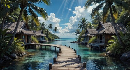 tropical bungalows over turquoise water with a wooden walkway and lush palm trees under a bright sunny sky.