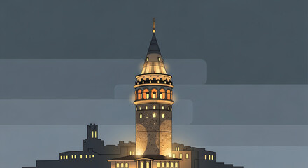 Iconic Galata Tower illuminated at night with modern background  