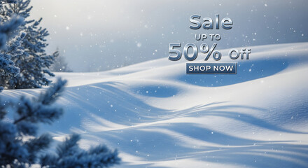 Winter Snow Scene with Trees and a 50 Percent Off Sale Announcement discount offer
