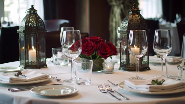 Romantic restaurant table set for dinner with candles, roses, and wine glasses, suitable for advertisement