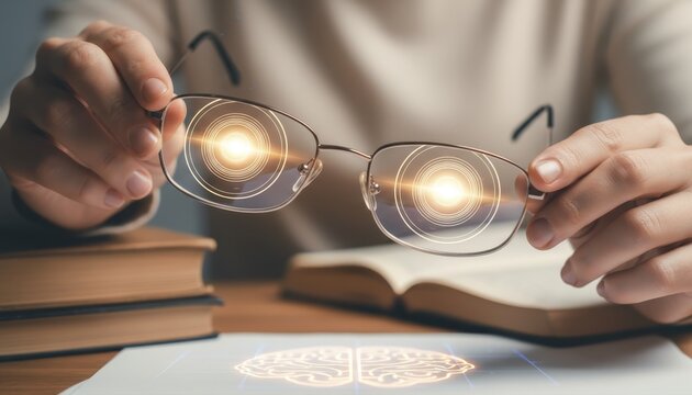 Person holding reading glasses with glowing digital brain interface projection over open book and stack of books on desk