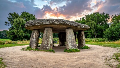 Ancient stone structure with a massive capstone in a grassy field