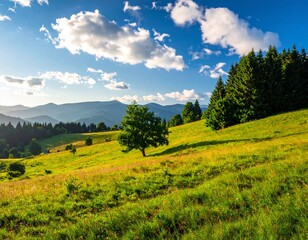 Tree and hill landscape. Green pastures, mountains and bushes. Blue sky with white