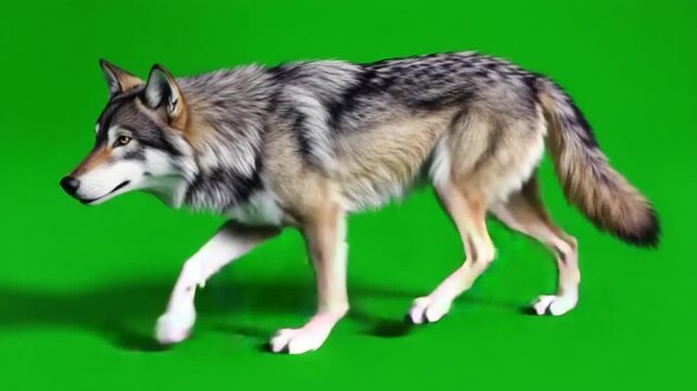 A wolf with grey and brown fur is walking across a green screen in a studio environment alone now green screen wolf video