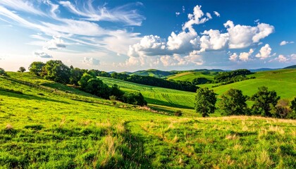 Fototapeta premium Tree and hill landscape. Green pastures, mountains and bushes. Blue sky with white