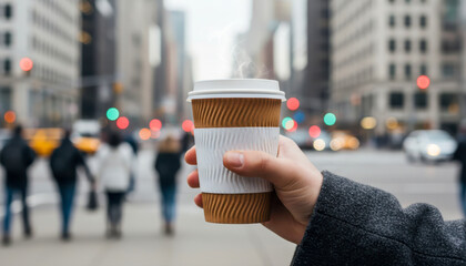Person holding a steaming hot takeaway coffee cup with a corrugated sleeve while walking on a busy city street with blurred traffic and pedestrians in the background