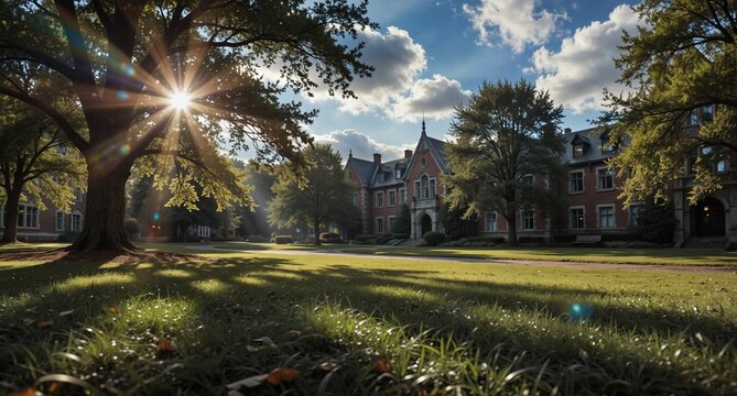 historic university campus building with lush green lawn and sunburst through trees - Powered by Adobe