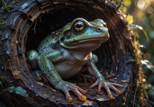 green tree frog resting inside a hollow log with soft bokeh background.
