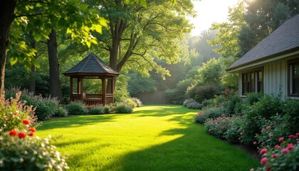 Fototapeta premium Large backyard with green lawn, rich garden, and wooden gazebo. Suburban house exterior shows neat landscaping and blooming flowers. Peaceful green space for relaxation and outdoor activities.