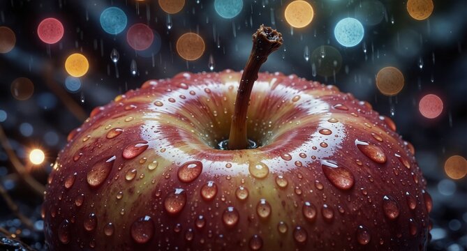 fresh red apple covered in water droplets with blurred festive lights in the background.