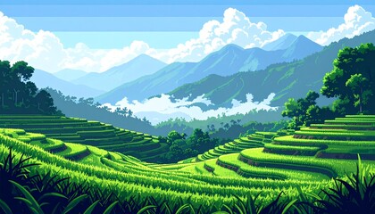 Fototapeta premium Pixel art depicting lush green terraced rice fields, with distant mountains veiled i
