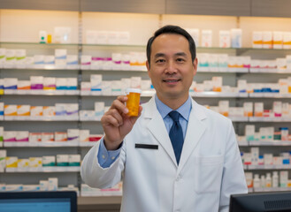 Smiling male asian pharmacist in white coat holding up an orange prescription pill bottle in a brightly lit pharmacy setting