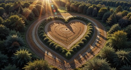Obraz premium aerial view of a heart-shaped agricultural field with winding paths surrounded by lush green forest at golden hour.