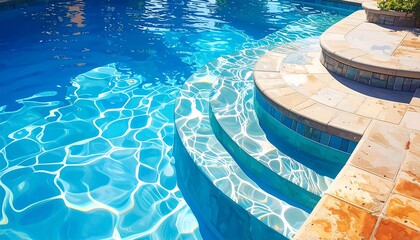 Sunlit water reflects on clean swimming pool steps with tiled edges.