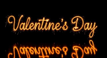 Glowing valentines day text sign with reflection on a dark background