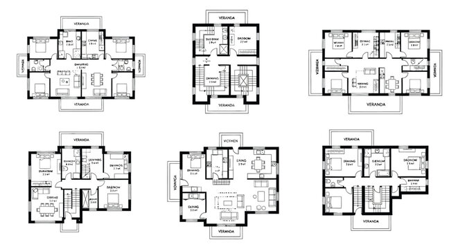 Architectural plans showcasing various townhouse layouts and interior floorplans