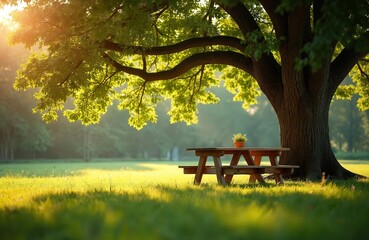 Obraz premium Wooden picnic table with bench sits under large green tree. Golden sun rays shine on lush grass field. Peaceful outdoor scene perfect for rest. Empty tranquil park setting.