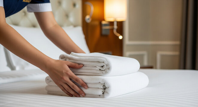 Gros plan d'une femme de chambre posant des serviettes propres sur un lit d'h&ocirc;tel.