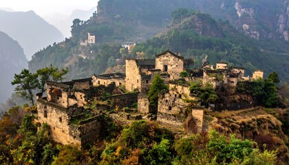 Obraz premium Ancient stone village nestled in mountainous terrain, surrounded by lush greenery