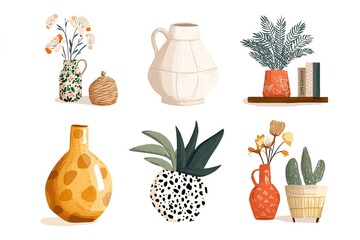 Display of various decorative vases and plants, featuring distinct colors and shapes isolated on white, naive style. arrangement offers fresh and vibrant look for contemporary home decor