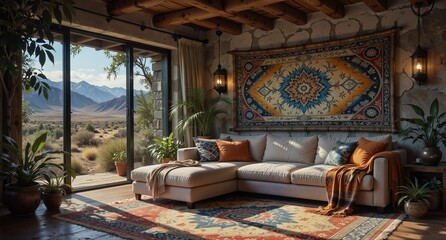 Obraz premium bohemian living room interior with mountain view and vibrant textile decor.