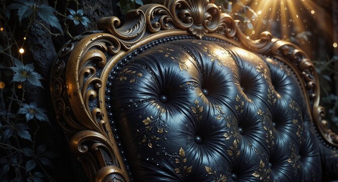 luxurious baroque style sofa detail with ornate gold frame and dark blue tufted velvet upholstery.