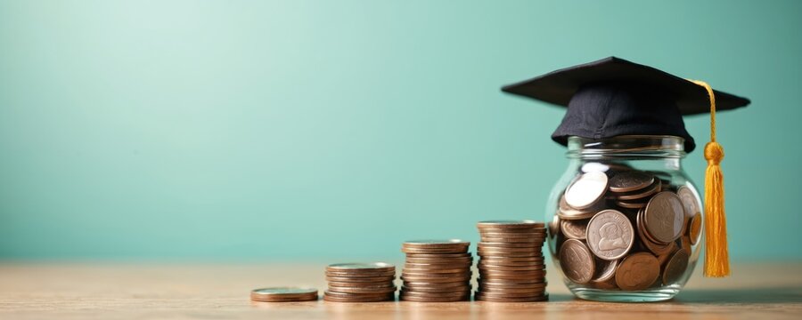 Stacks of coins grow in height next to a coin jar topped with a graduation cap. Saving money helps fund education goals and tuition costs for future success. - Powered by Adobe
