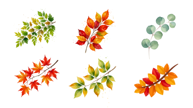 High-quality autumn leaf branch illustrations featuring vibrant colors, perfect for seasonal design, branding, nature themes, and creative projects