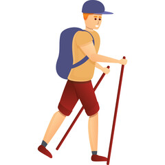 Man With Backpack And Hiking Poles Walking Outdoors During Daytime With A Cap On His Head