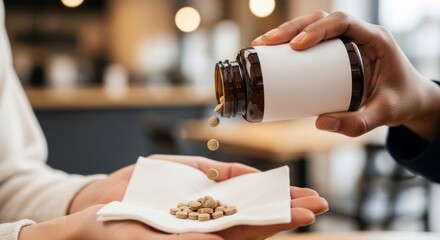 Person pouring vitamins from a bottle onto a napkin in cafe  