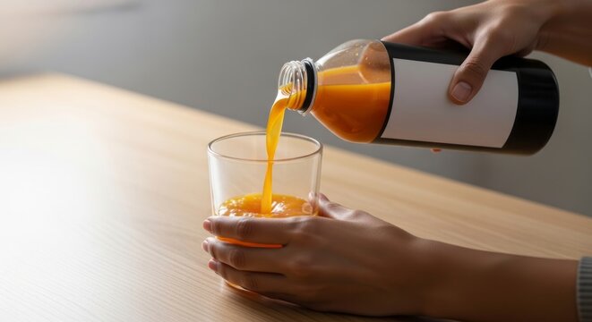 Person pouring orange juice from bottle into glass on wooden table