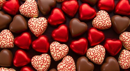 Heart shaped chocolates in red brown and patterned designs for valentines
