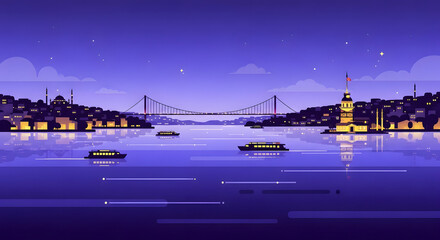 Night view of Bosphorus with boats and illuminated cityscape  