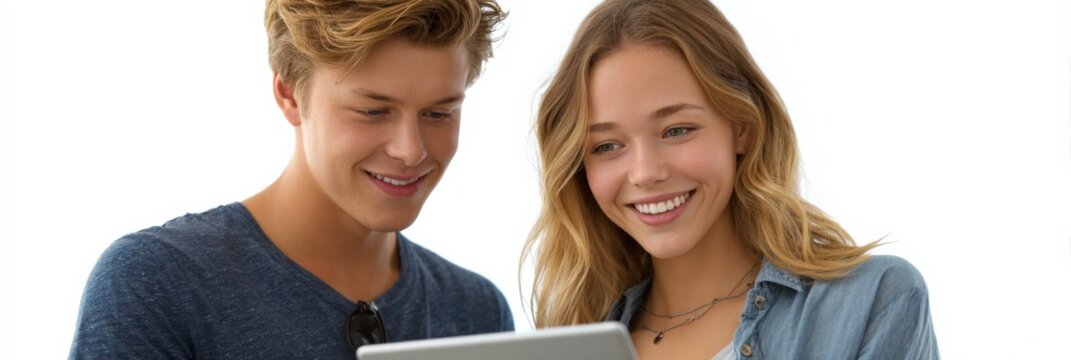 Young caucasian male and female using tablet together smiling