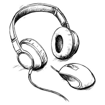 Stylized sketch of headphones and a computer mouse on white background