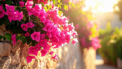 Bright pink bougainvillea flowers bloom abundantly against a rustic stone wall, illuminated by soft, warm sunlight.