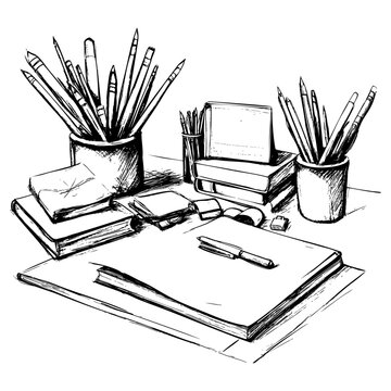 Artistic sketch of a workspace with stationery and books