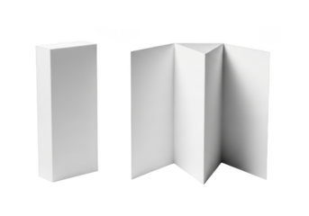 Two views of a blank white paper brochure or leaflet, one folded vertically and one unfolded in a zigzag pattern, isolated on transparent background
