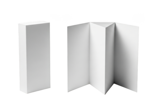Two views of a blank white paper brochure or leaflet, one folded vertically and one unfolded in a zigzag pattern, isolated on transparent background